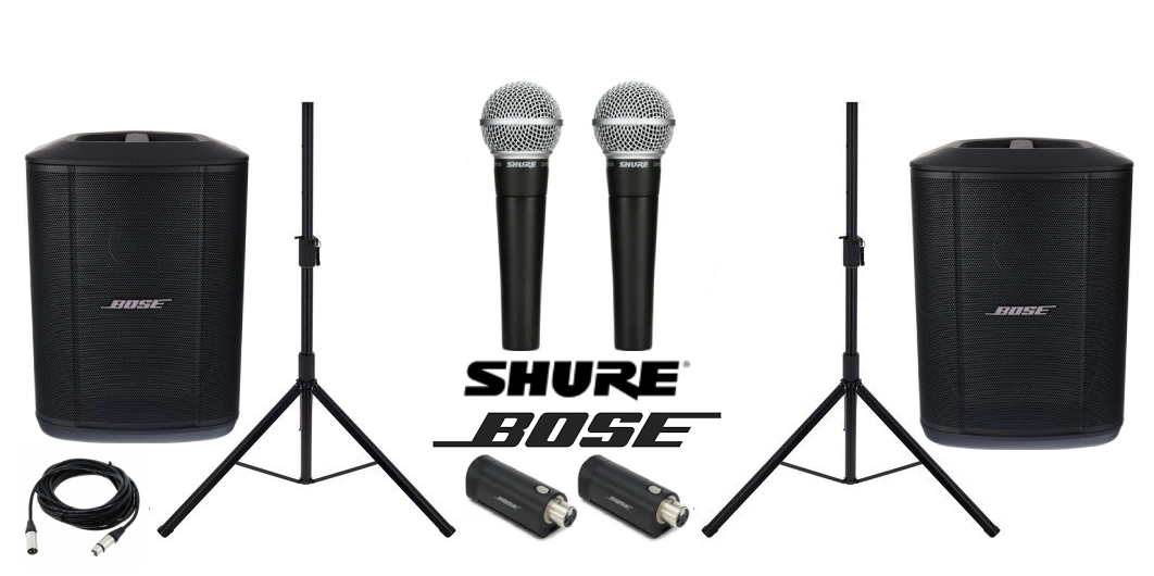 2x Bose Pro S1 Plus speakers and 2 wireless Shure microphones