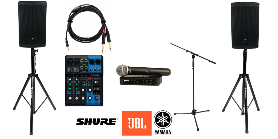 2x JBL 715 speakers, mixer, and 1 wireless Shure microphone