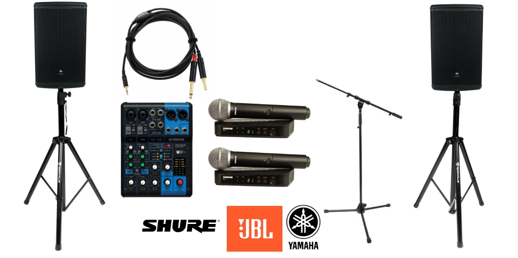 2x JBL 715 speakers, Yamaha mixer, and wireless Shure microphone